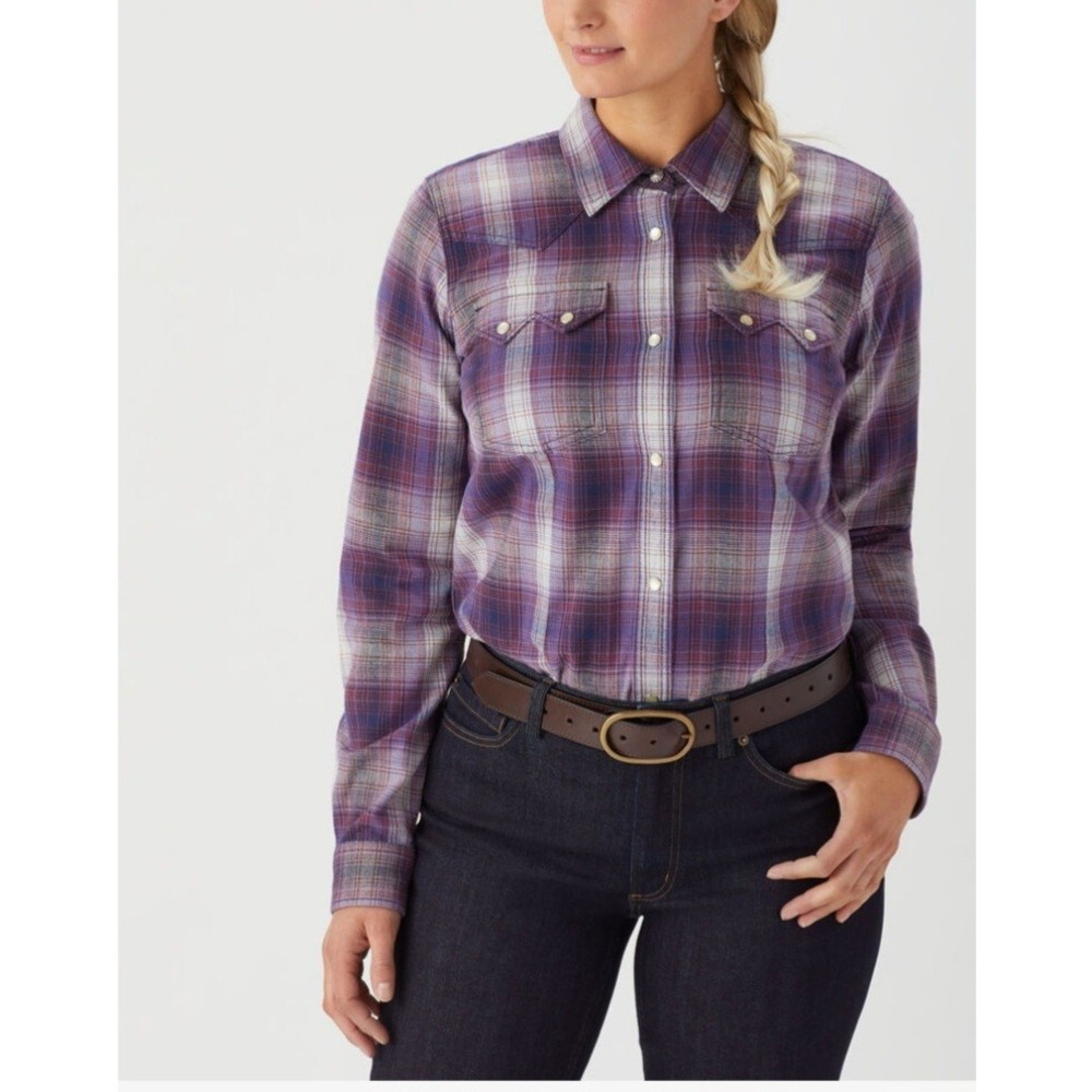 Duluth Trading Co Womens Purple Plaid Flannel Western Snap Front Shirt Size M
